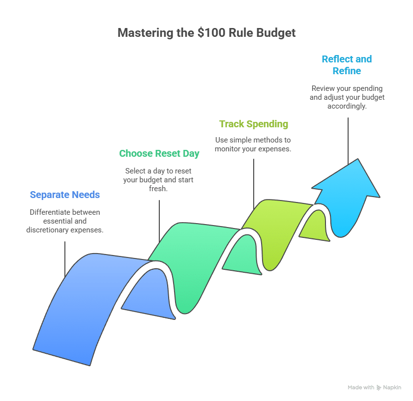 An infographic titled "Mastering the $100 Rule Budget" shows four steps in a wavy, upward-trending arrow. From left to right, the steps are: "Separate Needs," "Choose Reset Day," "Track Spending," and "Reflect and Refine." Each step has a brief description.