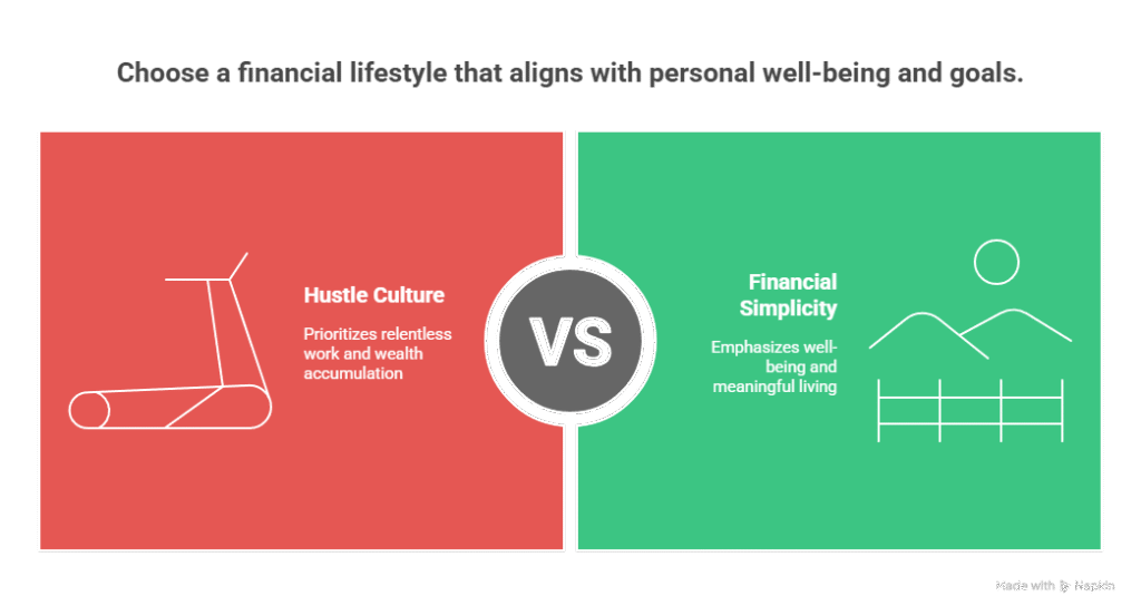 "Visual comparison of Hustle Culture and Financial Simplicity lifestyles in 2025."