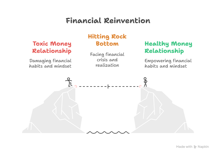 Financial reinvention diagram showing the journey from toxic money habits to a healthy money relationship

