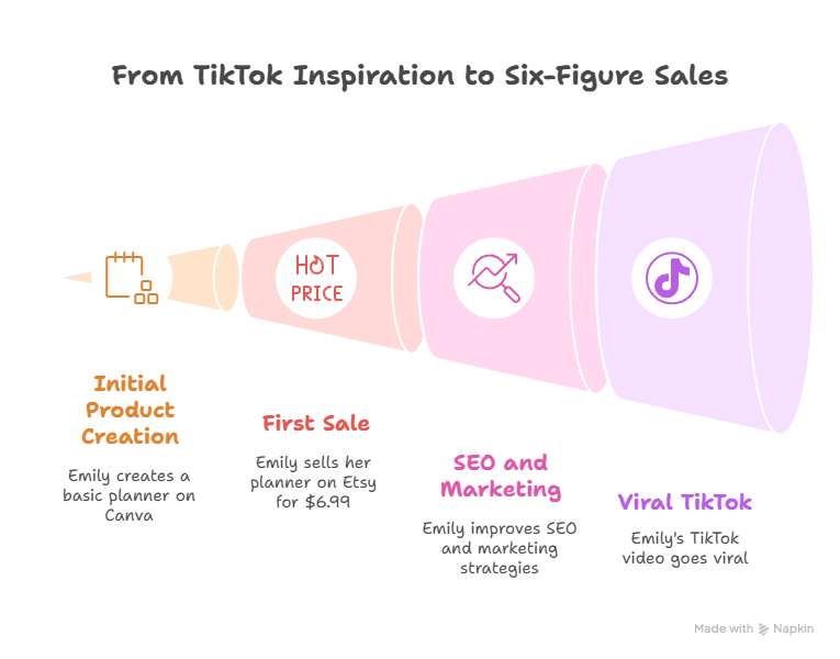  A visual funnel diagram titled "From TikTok Inspiration to Six-Figure Sales," depicting Emily's journey. It starts with "Initial Product Creation" (planner on Canva), progresses to "First Sale" (Etsy for $6.99), then "SEO and Marketing," and finally "Viral TikTok" leading to significant sales. This information is from Napkin.ai.