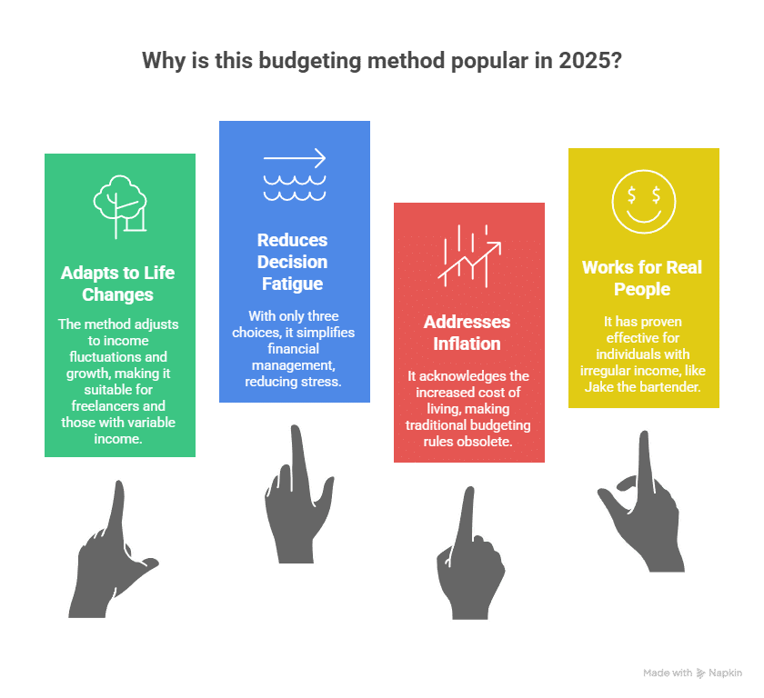An infographic with four columns explaining why a budgeting method is popular. The columns are 'Adapts to Life Changes', 'Reduces Decision Fatigue', 'Addresses Inflation', and 'Works for Real People'.