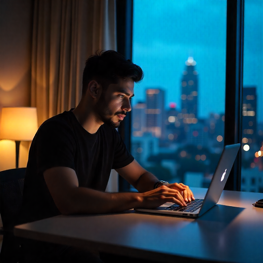 AI-generated image by Freepik showing a young man with a beard intently using a laptop with a city night view in the background.