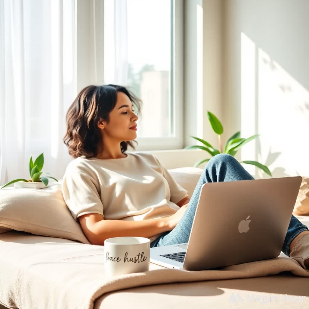 "Young professional enjoying a peaceful, clutter-free lifestyle in 2025, symbolizing financial simplicity and mental well-being."