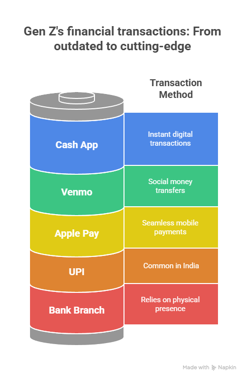 "Infographic showing Gen Z’s shift from traditional to digital financial transaction methods, including Cash App, Venmo, Apple Pay, UPI, and bank branches."