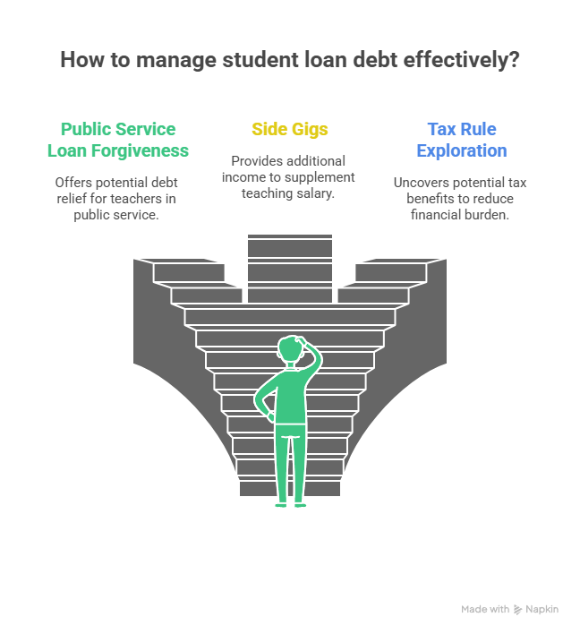 Text: Infographic showing three paths to manage student loan debt: Public Service Loan Forgiveness, Side Gigs, and Tax Rule Exploration, with a person standing before a staircase representing these options.