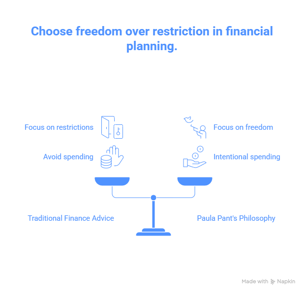 Infographic comparing traditional finance advice focused on restriction with Paula Pant’s philosophy focused on freedom and intentional spending
