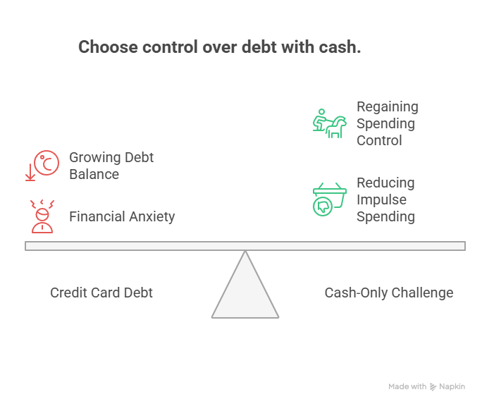 A seesaw diagram illustrating the benefits of a cash-only challenge versus the negative impacts of credit card debt. On the left, representing credit card debt, are icons for "Growing Debt Balance" and "Financial Anxiety" in red. On the right, representing the "Cash-Only Challenge," are icons for "Regaining Spending Control" and "Reducing Impulse Spending" in green.
