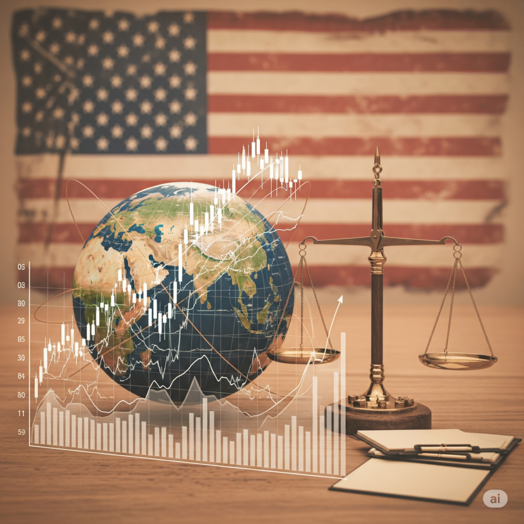 A vintage-toned image featuring a globe with overlaid financial graphs, a judicial scale, and legal documents, set against a faded US flag, symbolizing the legal and economic complexities of global trade.