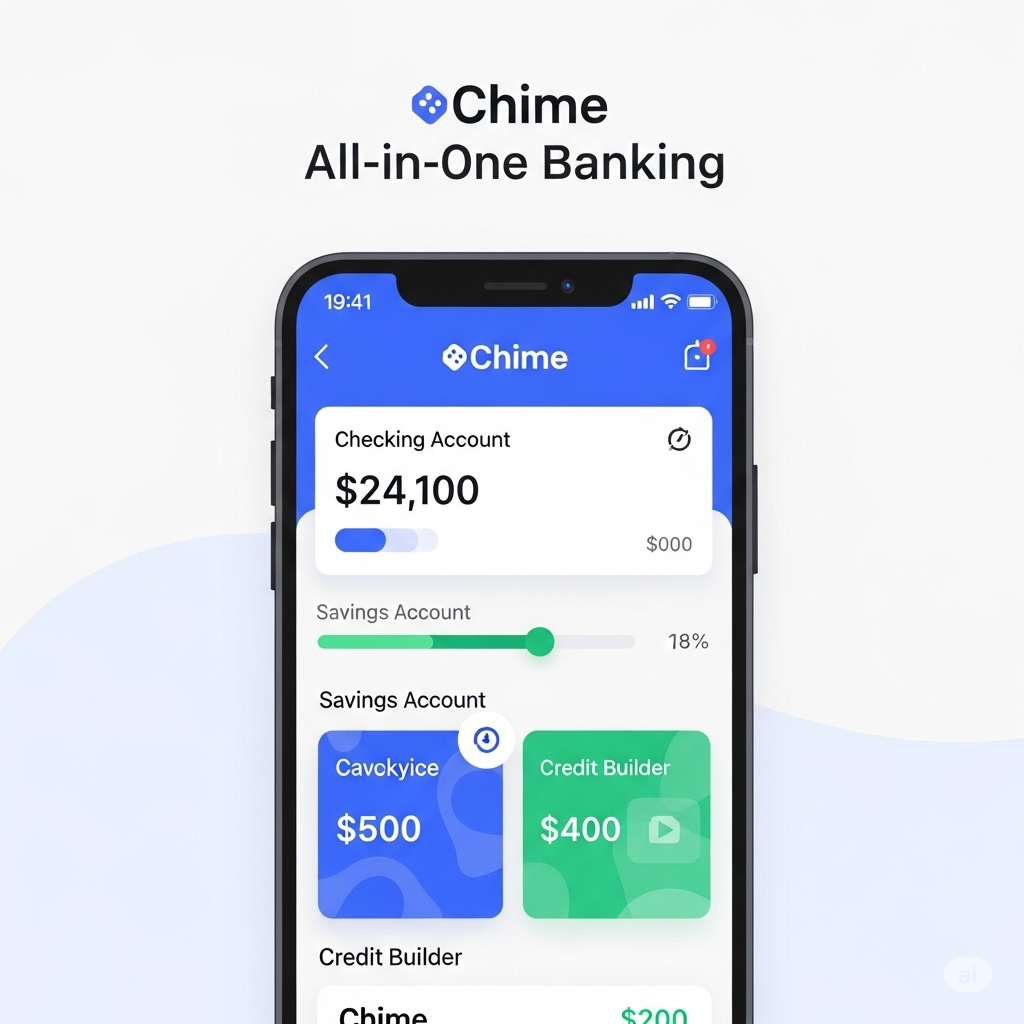  A clean, modern digital illustration of a smartphone displaying the Chime app interface. The screen shows a checking account balance, a savings account progress bar, and a representation of a Chime credit builder card, all designed with Chime's signature blue, green, and white color palette. The image conveys ease of use and the comprehensive nature of Chime's online banking services.