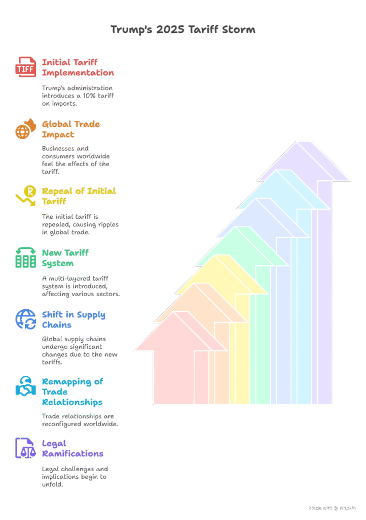 An infographic titled "Trump's 2025 Tariff Storm," showing a rising arrow with eight segments, each representing a stage of tariff implementation and impact: Initial Tariff Implementation, Global Trade Impact, Repeal of Initial Tariff, New Tariff System, Shift in Supply Chains, Remapping of Trade Relationships, and Legal Ramifications.