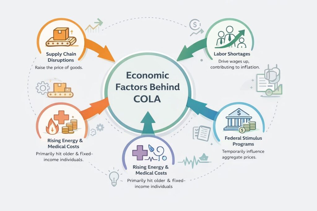 Diagram showing the economic factors behind Social Security COLA, including supply chain disruptions, labor shortages, federal stimulus programs, and rising energy and medical costs.