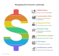 A colorful dollar sign icon with seven key economic topics listed beside it. From top to bottom, the list includes: Inflation Impact, Housing Market Shifts, Employment Trends, Economic Trends, Federal Reserve Updates, GDP Reports, and Small Business Growth. Each topic has a brief description and an icon.