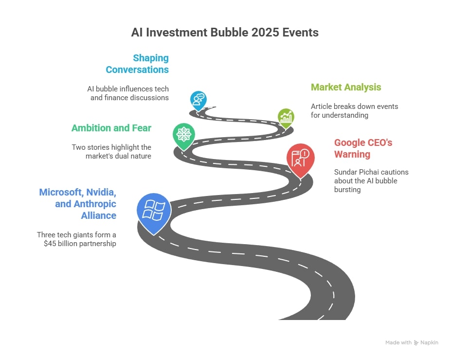Roadmap infographic showing key events in the AI investment bubble 2025 including the $45B alliance and Sundar Pichai’s warning.
