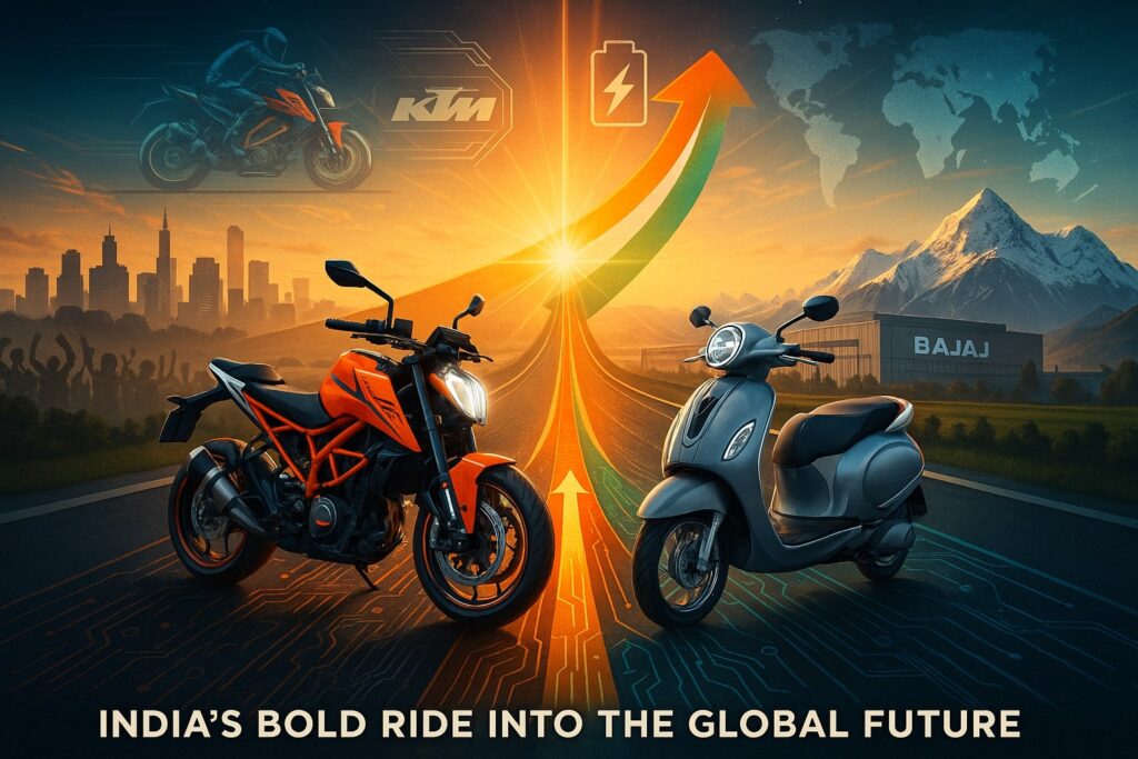 A 4K digital artwork showing a KTM Duke and Bajaj Chetak EV on a circuit-patterned road at sunrise, with Pune’s skyline, Austrian Alps, Chakan plant, and upward tricolor arrow symbolizing the Bajaj–KTM merger.