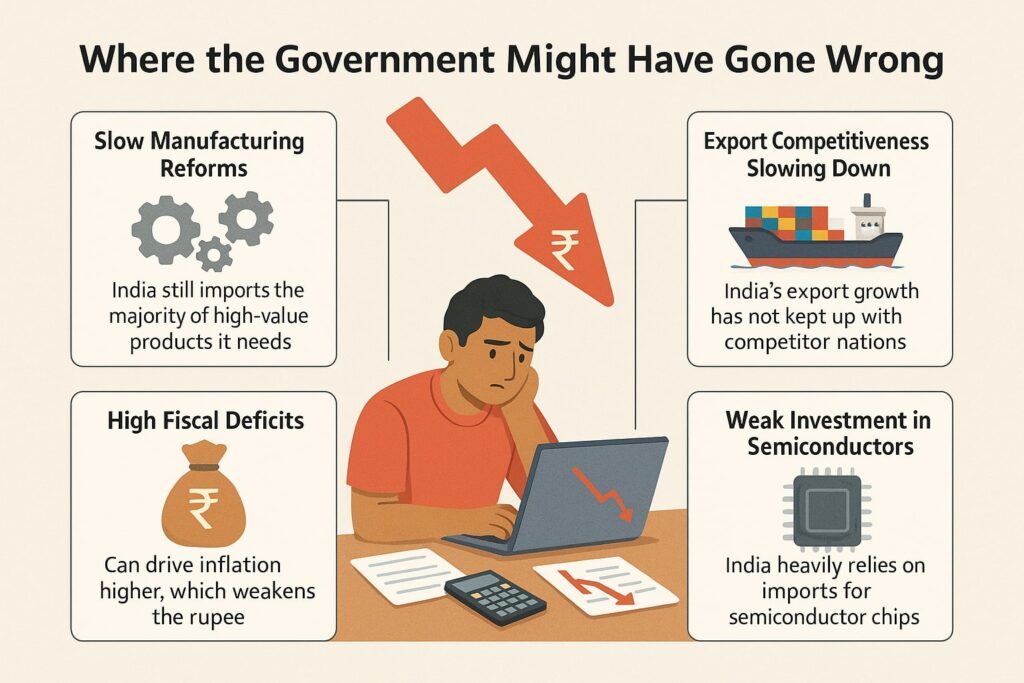 Rupee at ₹90: The Wake-Up Call India Can’t Ignore | PennyPowerPlay A 4K infographic explaining key reasons behind India's weak rupee in 2025, including slow manufacturing reforms, high fiscal deficits, low export competitiveness, limited RBI intervention, and weak semiconductor investment.