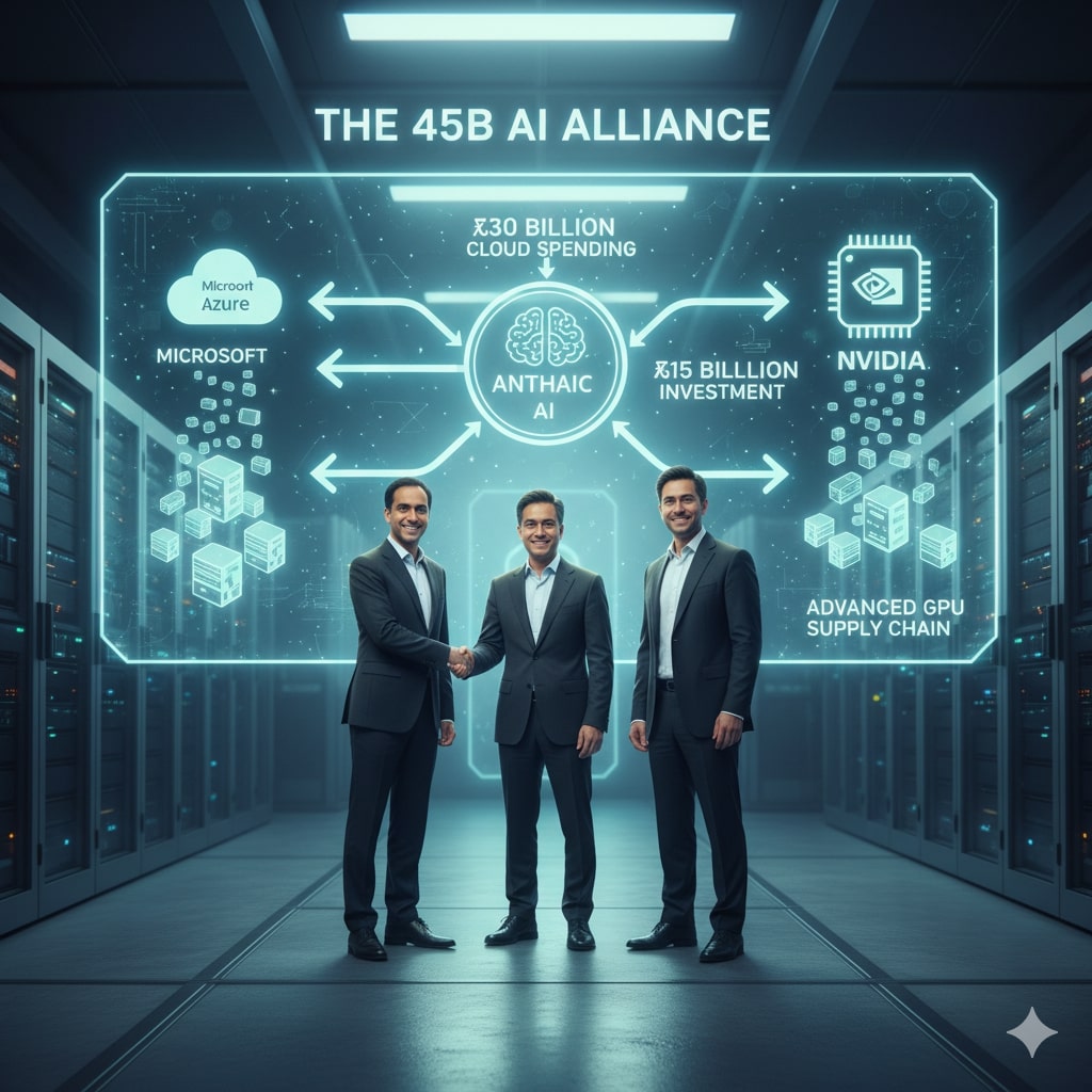 Diagram illustrating the $45B AI Alliance between Anthropic, Microsoft, and Nvidia, showing investments, cloud spending, and GPU supply chain.
