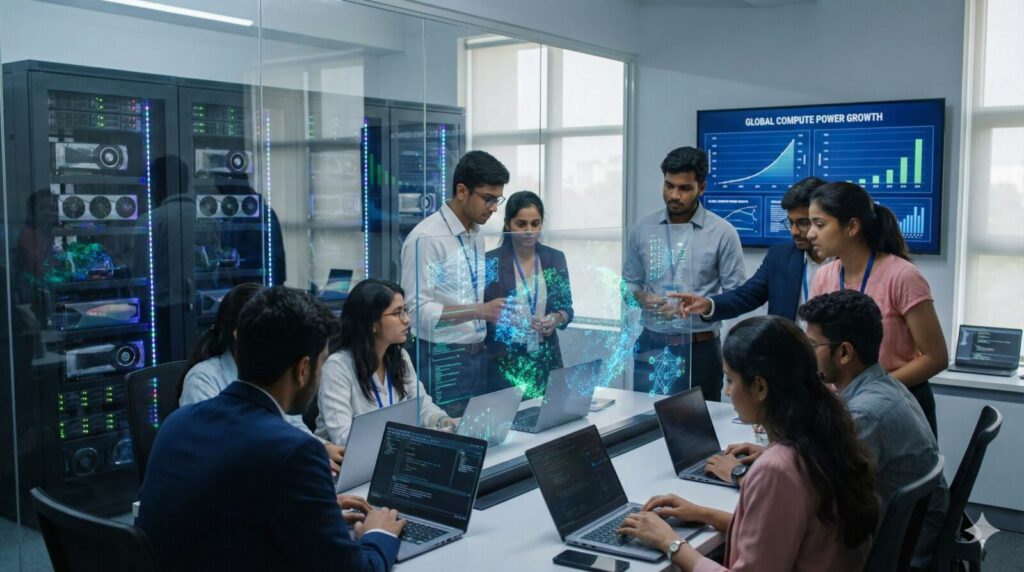 Young Indian professionals collaborate in a modern office with holographic data displays and a server rack, analyzing global compute power growth.