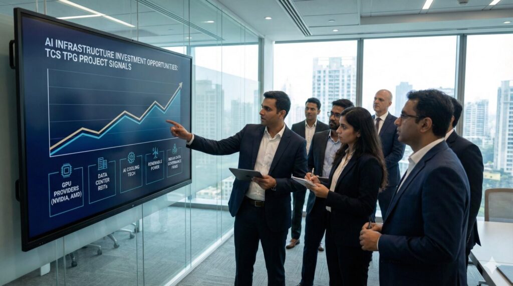 Financial analysts review stock charts of AI infrastructure and chip companies on multiple screens within a modern investment firm.