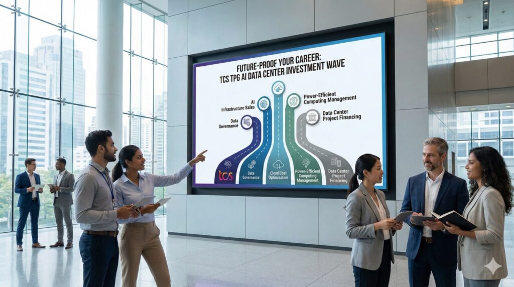 Professionals in a modern office lobby view a screen displaying an infographic about TCS TPG AI data center careers.