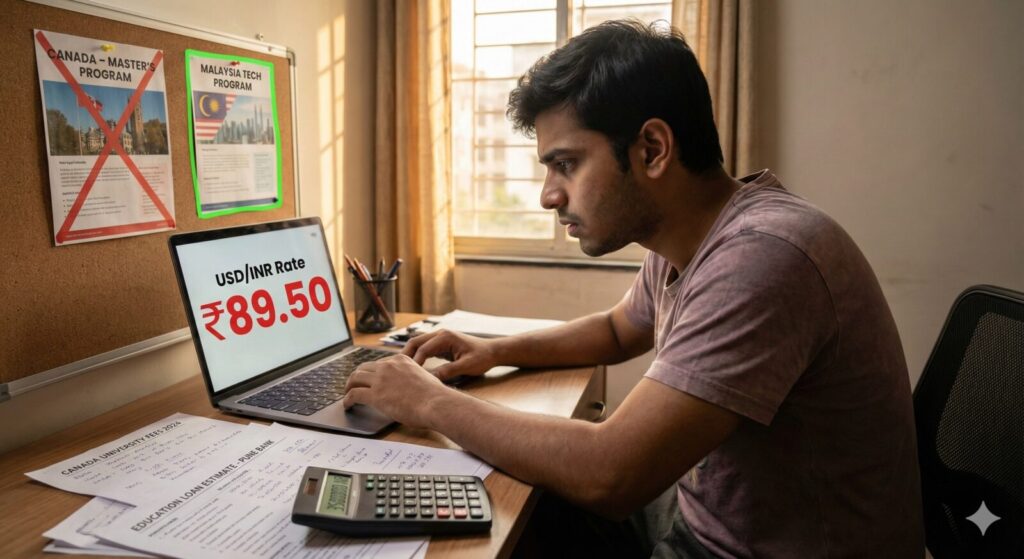 Rupee at ₹90: The Wake-Up Call India Can’t Ignore | PennyPowerPlay A young Indian man, Rohan, looking stressed at his laptop displaying a high USD to INR exchange rate, with study abroad documents and a calculator on his desk.
