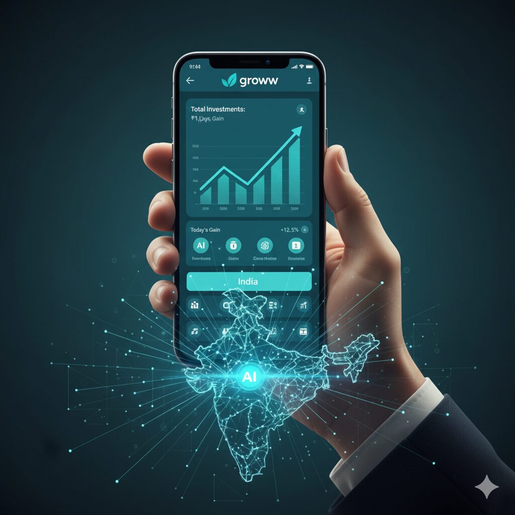 A hand holds a smartphone displaying the Groww app interface with rising charts, superimposed over a glowing digital map of India with interconnected lines.