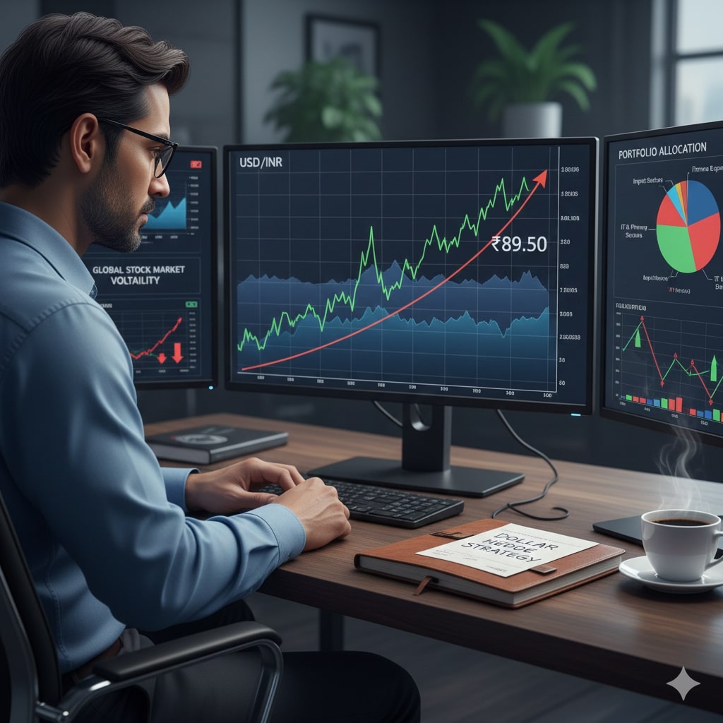 Rupee at ₹90: The Wake-Up Call India Can’t Ignore | PennyPowerPlay A mid-30s Indian investor intently re-evaluating his investment strategy in a modern home office, with multiple screens displaying spiking USD/INR rates, global market volatility, and a portfolio showing impacts on import and export sectors.