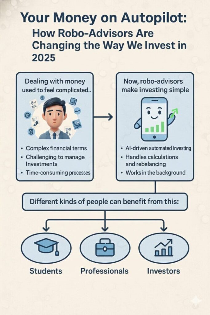 Infographic comparing traditional investing difficulties with simplified robo-advisors, highlighting benefits for students, professionals, and investors.