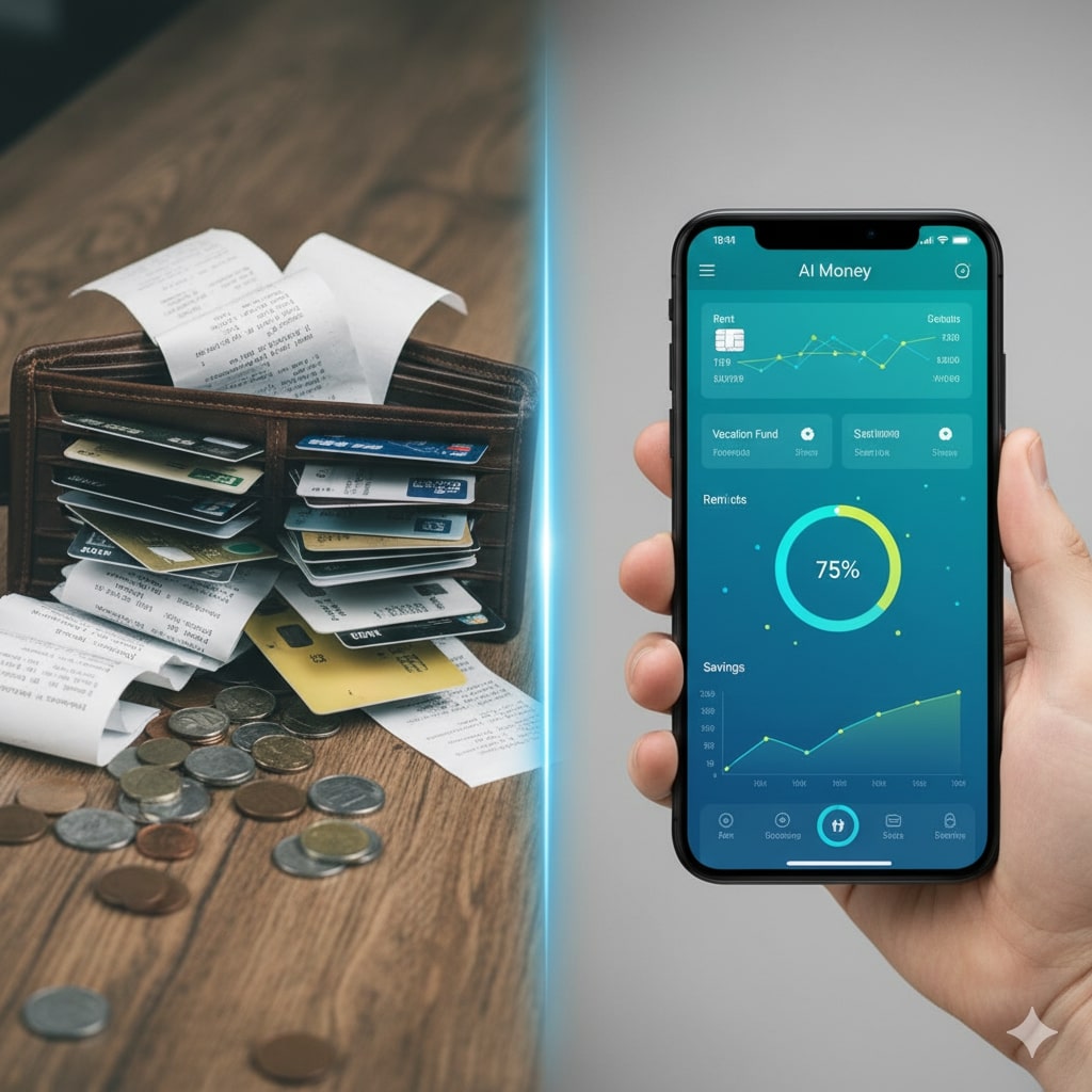 A split image showing a messy physical wallet on one side and a clean smartphone displaying an AI money app on the other.