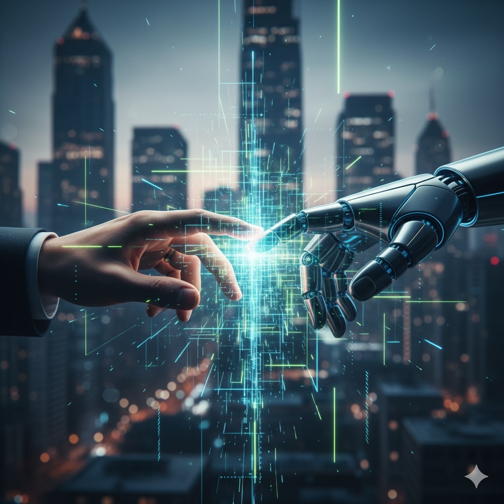 A human hand and a robotic hand reaching towards each other with glowing data streams between them, set against a city skyline.