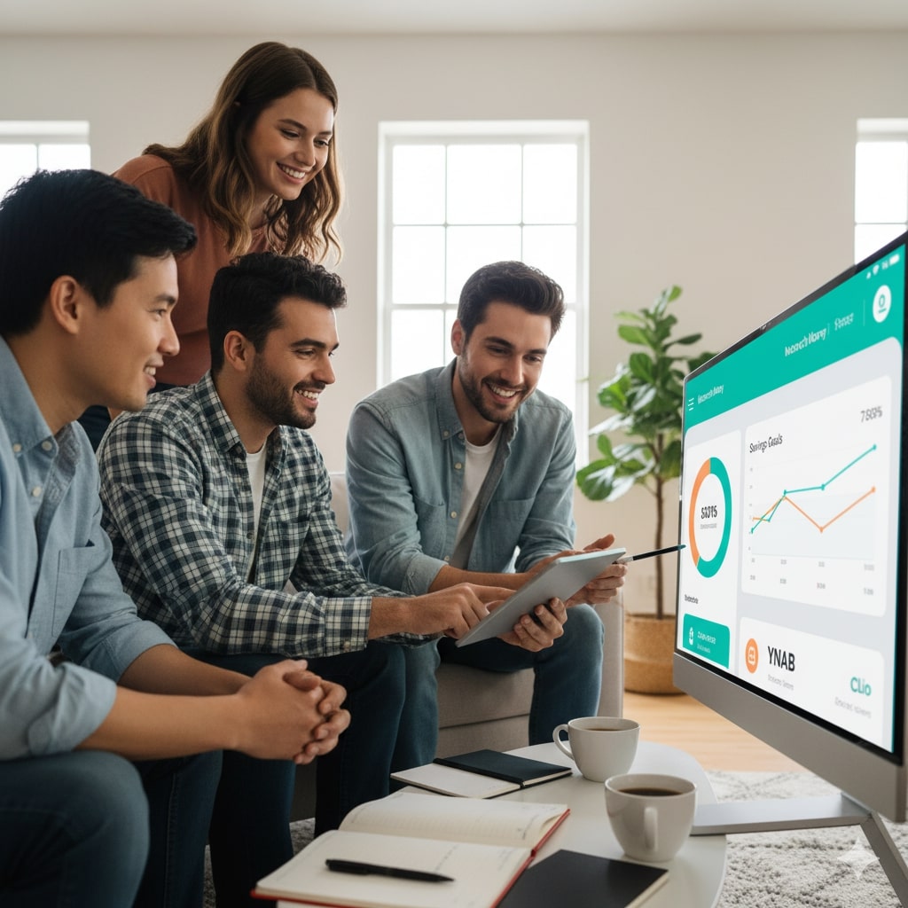 A diverse group of young adults looking at a large screen displaying an AI money management app dashboard in a modern home.