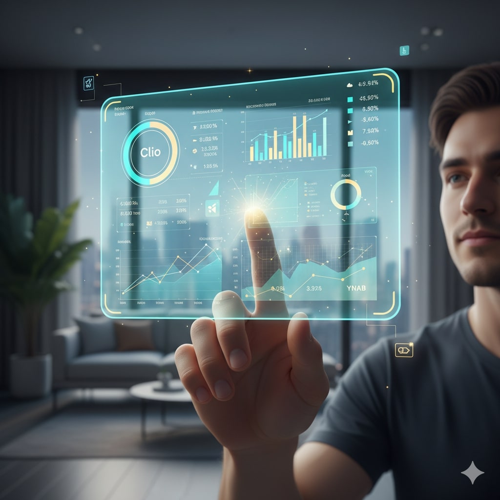 A person interacts with a futuristic holographic financial dashboard showing various money management app interfaces and data.