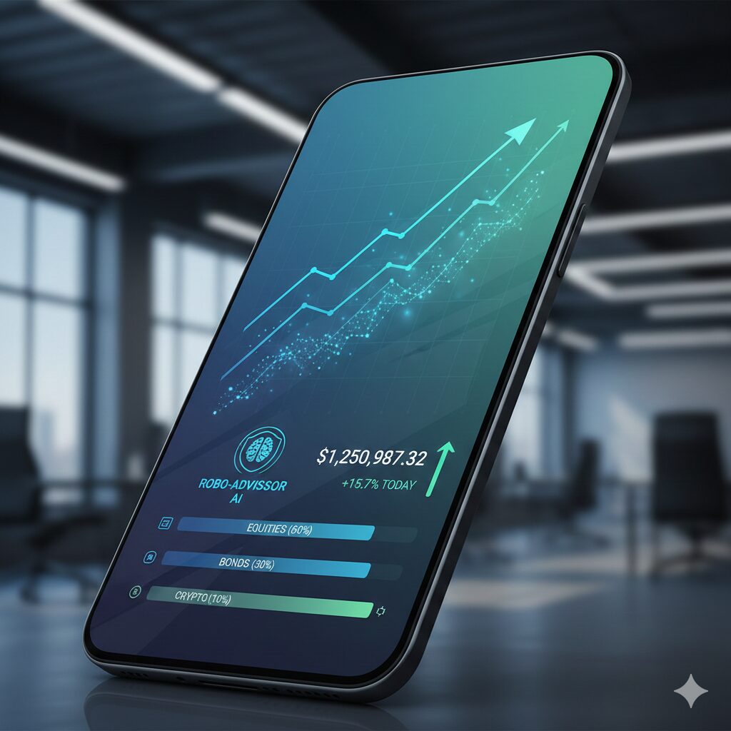 A close-up 3D render of a smartphone displaying a futuristic Robo-Advisor AI investment dashboard with an upward trending growth chart in a modern office setting.