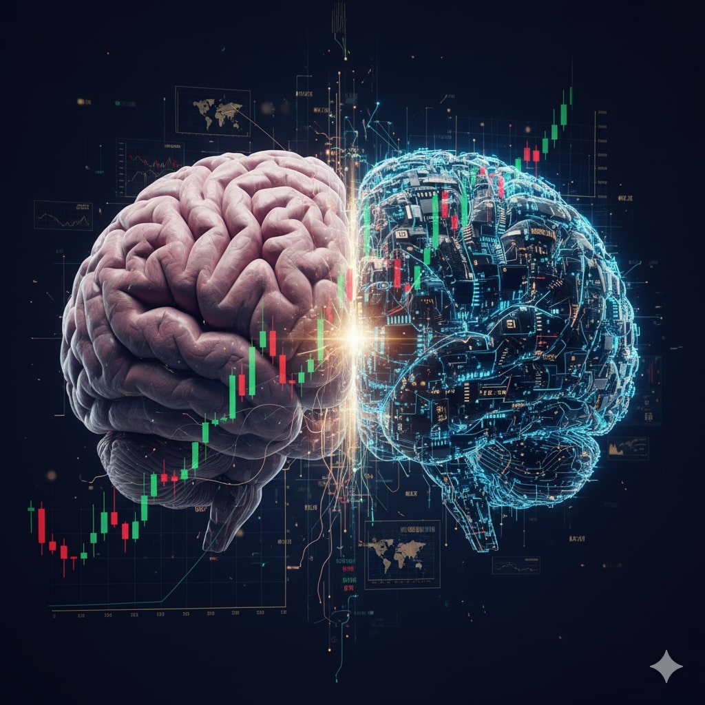 A hyper-realistic conceptual image showing a human brain on the left merging with a digital AI brain on the right, with stock market data flowing across their connection point.