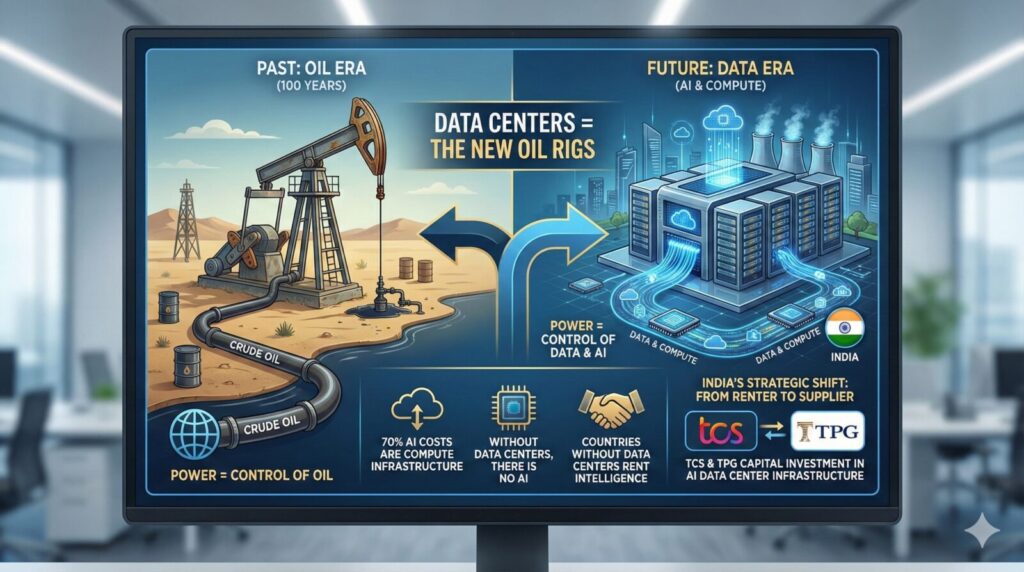 Infographic display on a monitor comparing traditional oil rigs to modern data centers, outlining India's TCS-TPG AI strategy
