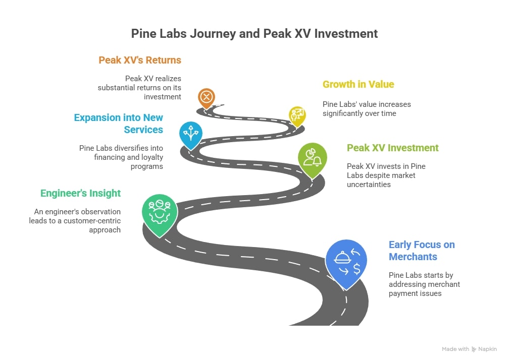 Peak XV Groww Pine Labs investment story diagram showing the Pine Labs journey, early merchant focus, engineer insight, service expansion, Peak XV investment and returns.
