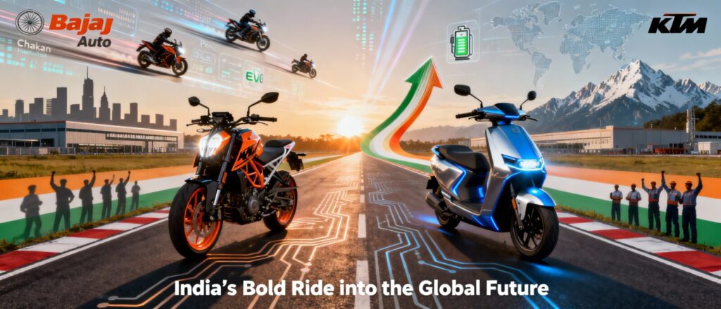Two iconic motorcycles, KTM Duke and Bajaj Chetak EV, stand side by side at sunrise on a road merging India and Europe, symbolizing the Bajaj-KTM partnership and global innovation.