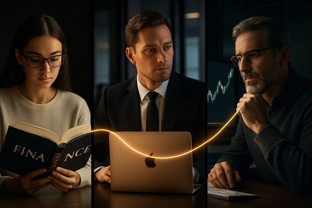 A student reading a finance book, a professional using a laptop, and an investor analyzing stock charts, symbolizing how different audiences interpret Apple’s pricing strategy.