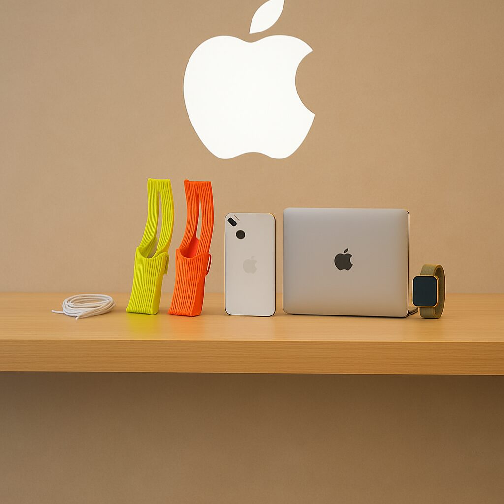 A lineup of Apple devices including the iPhone, MacBook, Apple Watch, and colorful iPhone Pocket accessories placed on a wooden shelf beneath the Apple logo.