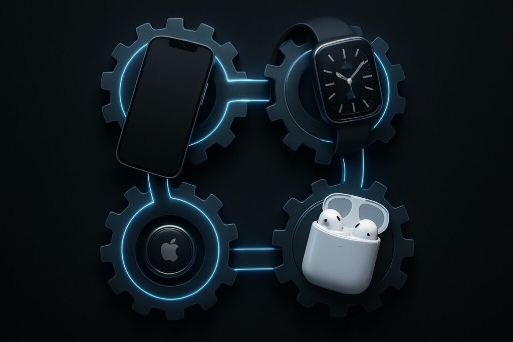 Illustration of Apple devices like the iPhone, Apple Watch, AirPods, and Apple logo connected as gears, symbolizing the ecosystem lock-in effect.
