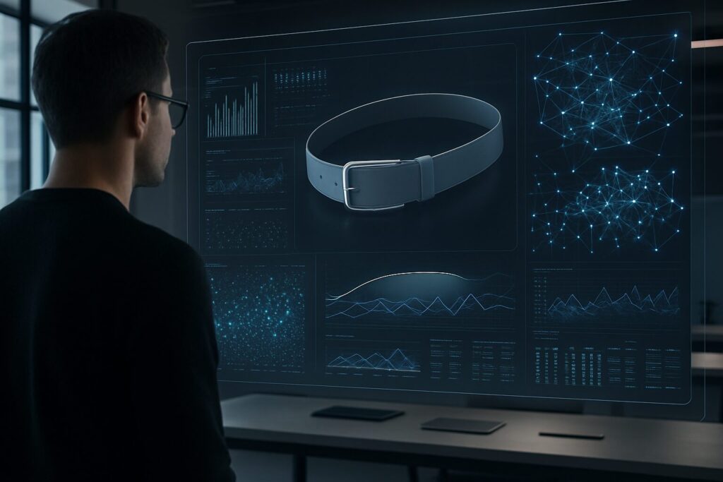 A person analyzing digital AI dashboards with data graphs and a 3D model of an Apple-style accessory, representing AI-driven product design and consumer prediction.