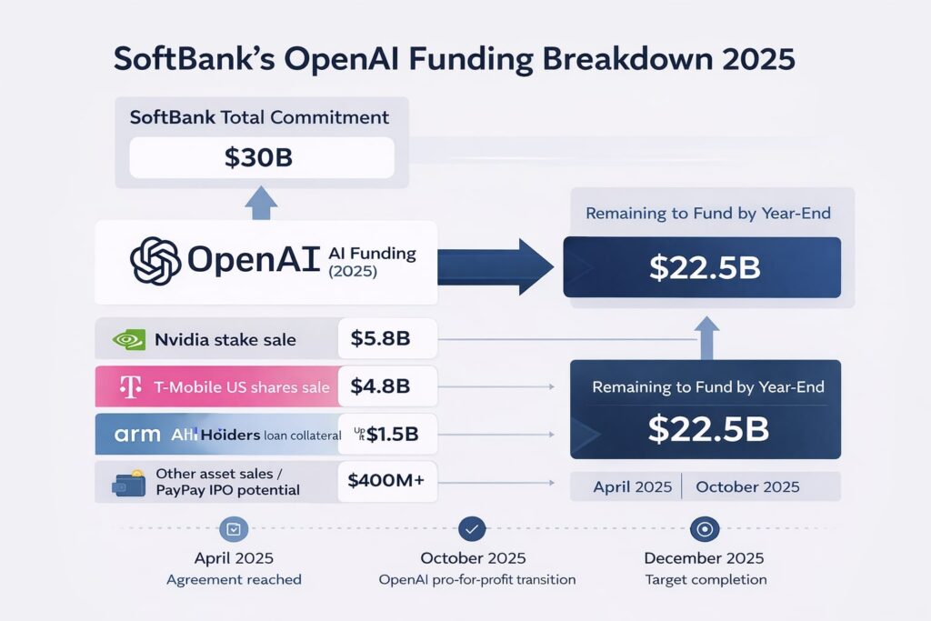 SoftBank AI investment diagram showing the $30 billion OpenAI funding plan and $22.5 billion remaining allocation in 2025