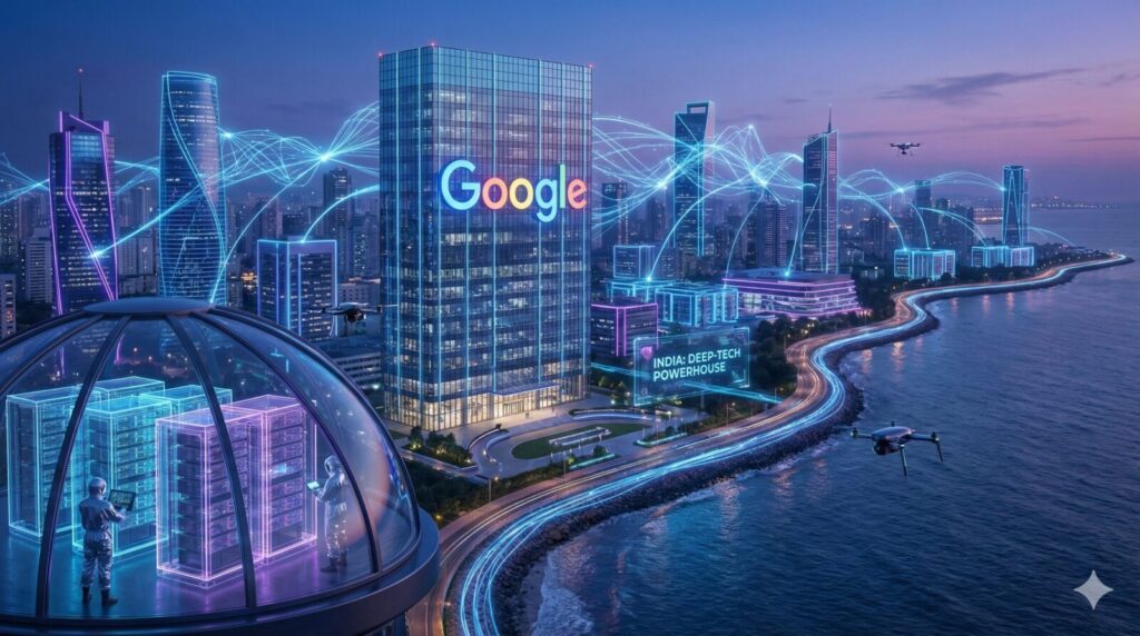 A futuristic cityscape at twilight with a glowing Google logo on a skyscraper, network lines connecting buildings, engineers in a glass dome with data servers, and a sign reading "INDIA: DEEP-TECH POWERHOUSE."