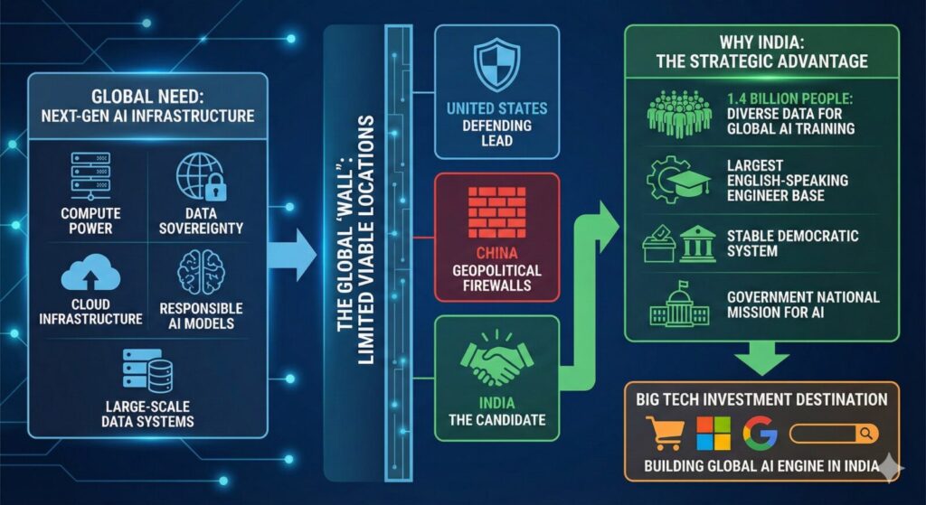 Infographic diagram illustrating the strategic reasons for Big Tech investment in India for AI, contrasting India's advantages in data, talent, and stability with the limitations of the United States and China.