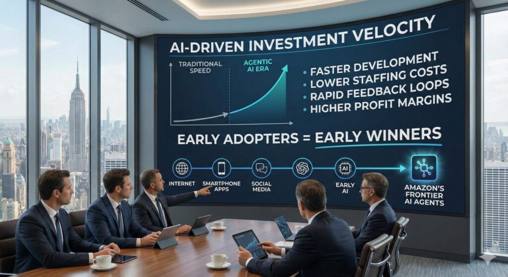 A realistic 4K image of investors in a high-tech boardroom analyzing a rising growth chart powered by Amazon Frontier AI Agents, symbolizing rapid business scaling and velocity.
