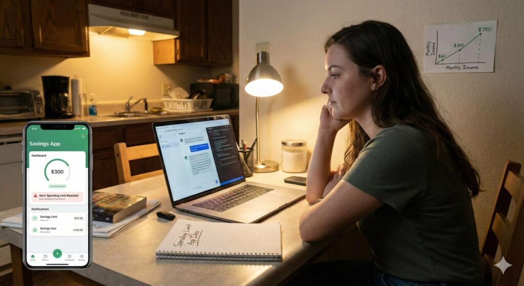 A realistic image of a young professional woman using an AI agent interface on her laptop to build a financial app while a background graph shows her rising income.