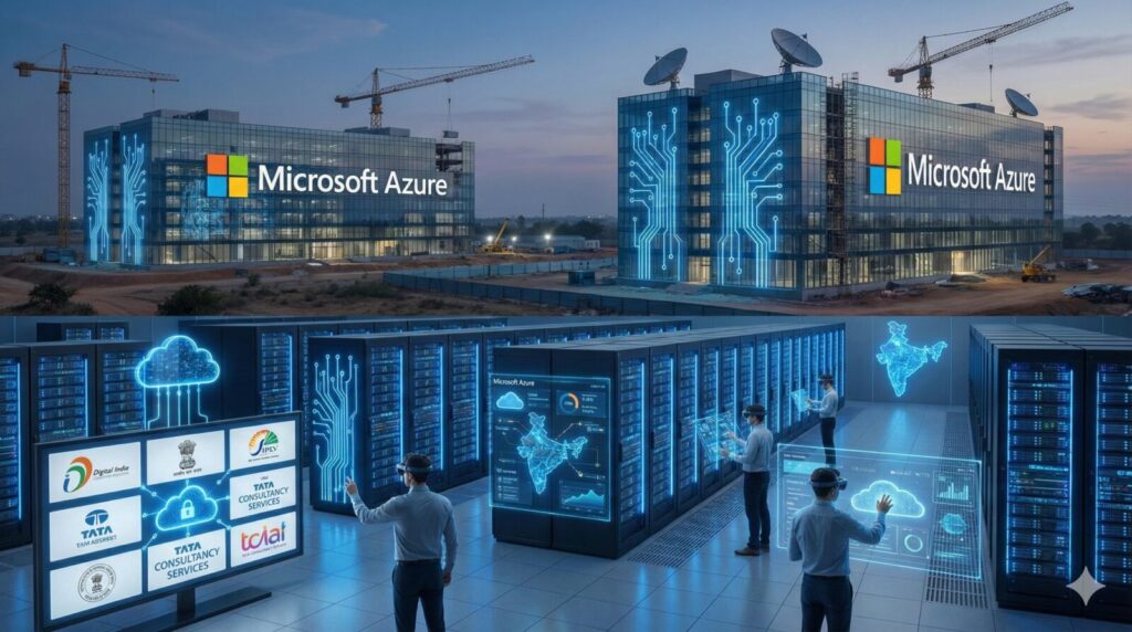 Split image showing Microsoft Azure data centers under construction and a futuristic server room with engineers using AR to manage cloud infrastructure in India.
