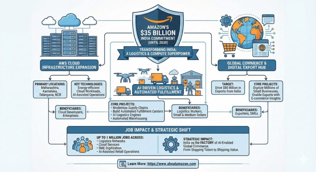 Infographic illustrating Amazon's $35 billion investment in India until 2030, detailing its focus on AWS cloud infrastructure, AI-driven logistics, and a global commerce export hub, with expected job impacts and strategic benefits.