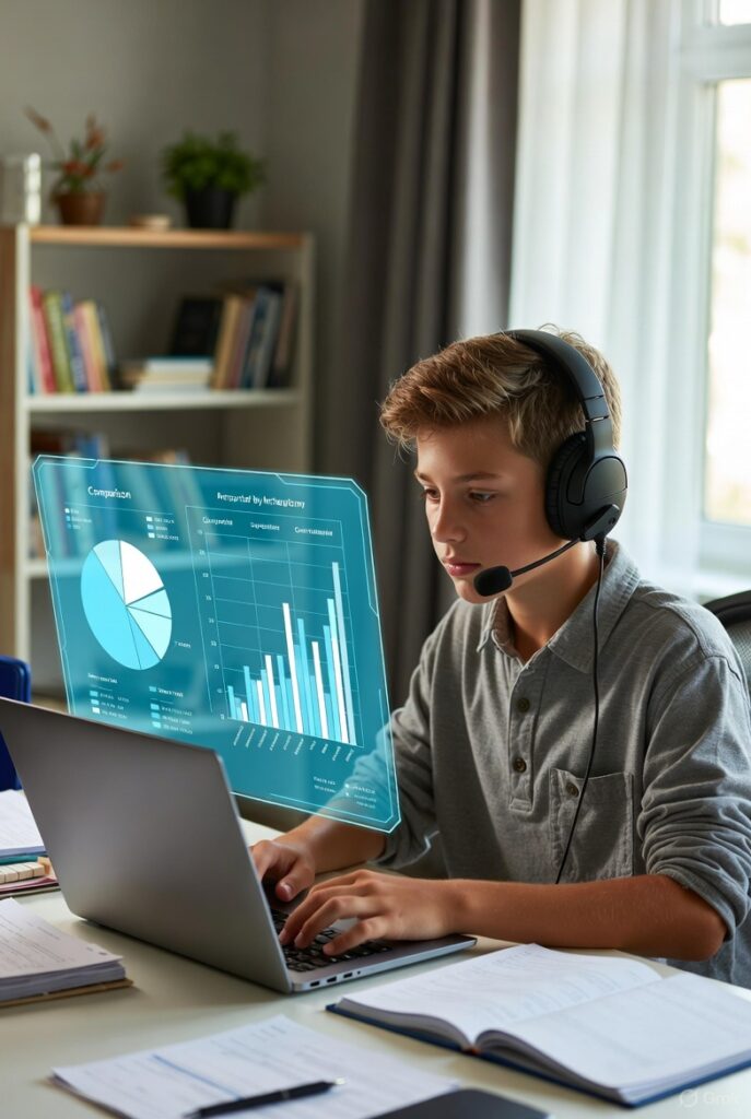 Young student wearing headphones using a holographic AI comparison chart on his laptop to research and select the best laptop for school  

