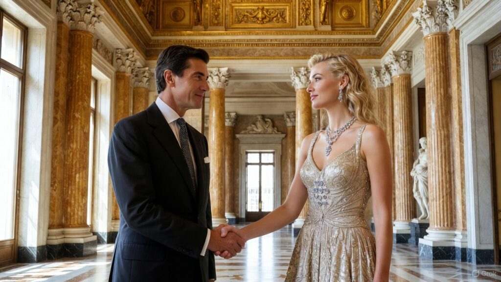 Business executives shake hands symbolizing the Prada buys Versace 2025 agreement.