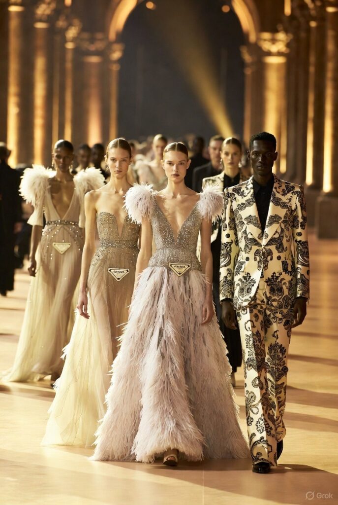 Versace runway models showcasing luxury designs before the Prada buys Versace 2025 acquisition.